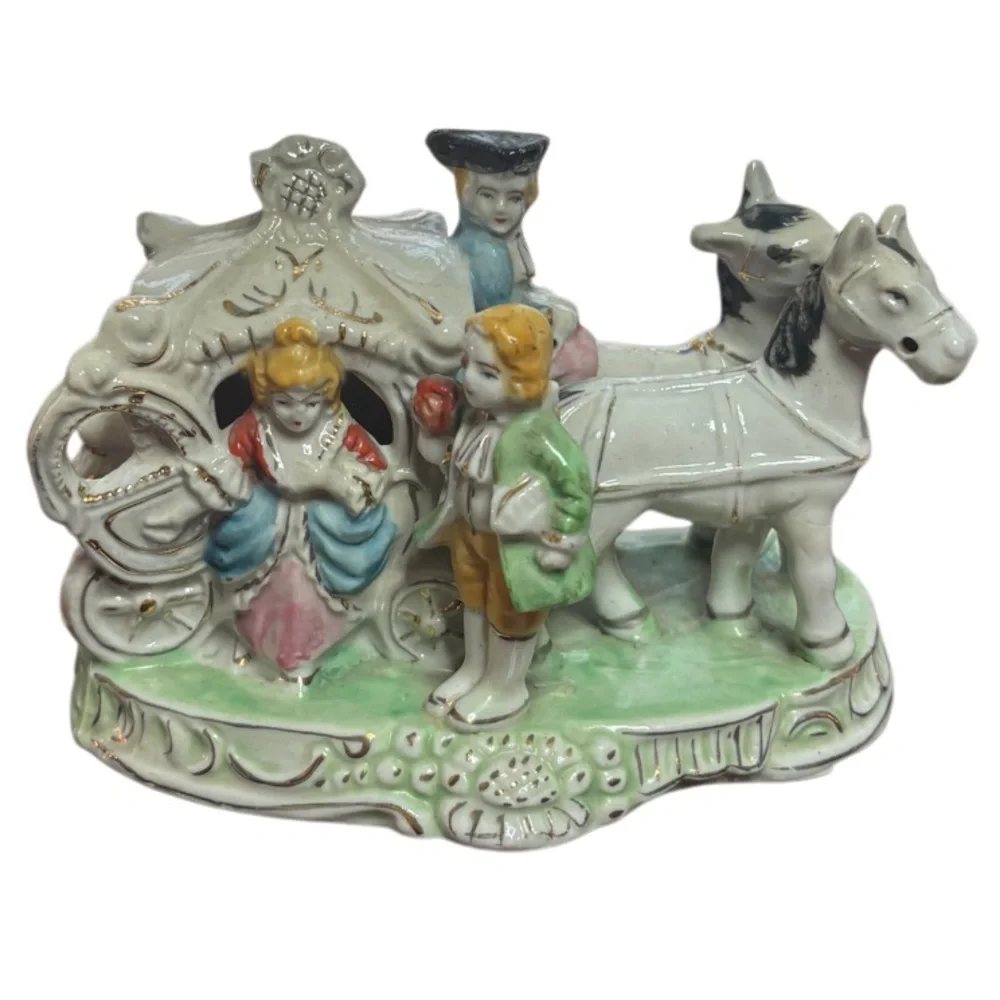 Vintage Courting Couple Horse Carriage Antique Porcelain Figurine Made in Japan